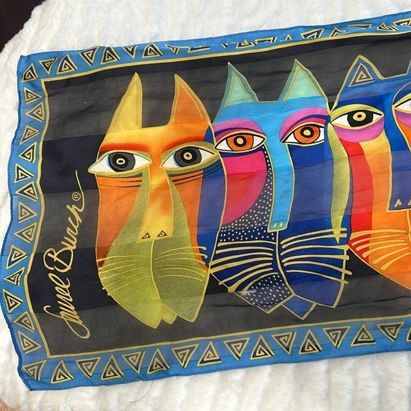 Laurel Burch Silk SCARF Oblong Tribal Cat Faces Wrap Retired multicolor - Picture 5 of 8